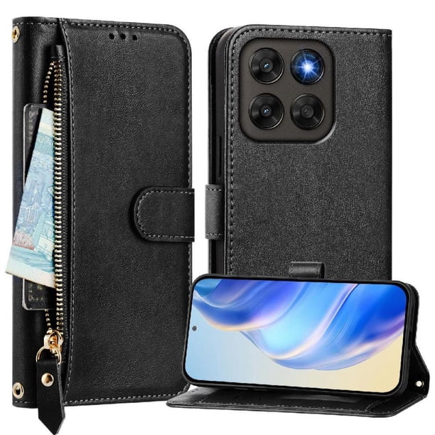 FOXDOCK Funda Tipo Cartera para Realme GT 7 Cuero PU con Cremallera y Correa de Muñeca, Ranuras para Tarjetas, Soporte Plegable, Cierre Magnético