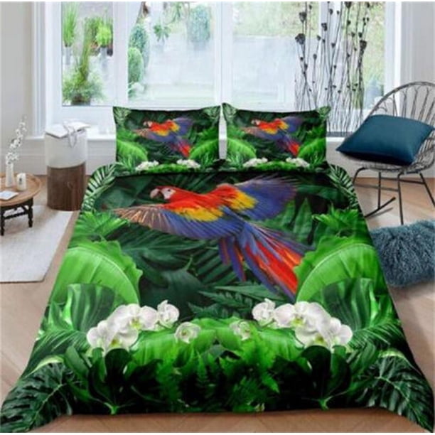 Tropical Banana Leaves Parrot Quilt Duvet Cover Set Comforter Cover Pillowcase3-Piece Bedding Set
