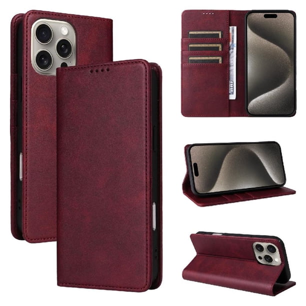 Funda Cartera para iPhone 15 Pro Max con Ranuras Tarjetas y Soporte - Protección Completa Rojo