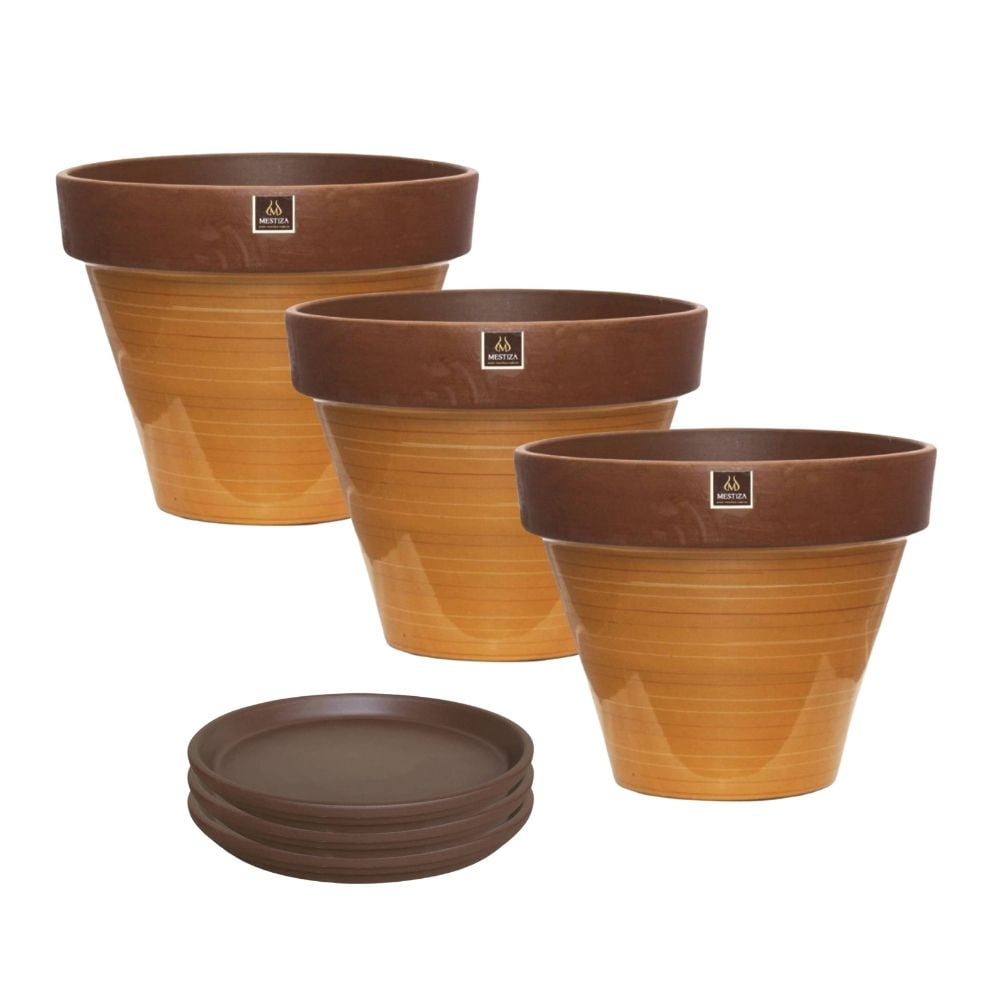 Mestiza - Set De 3 Maceta Kony 24cm Morena Mostaza Y Sus Platos