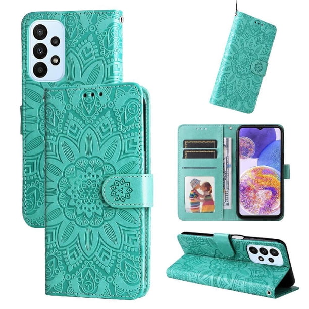 Funda tipo cartera FOXDOCK para Samsung Galaxy A23 4G/5G , diseño girasol en relieve, cuero PU, cierre magnético, soporte y tarjetero