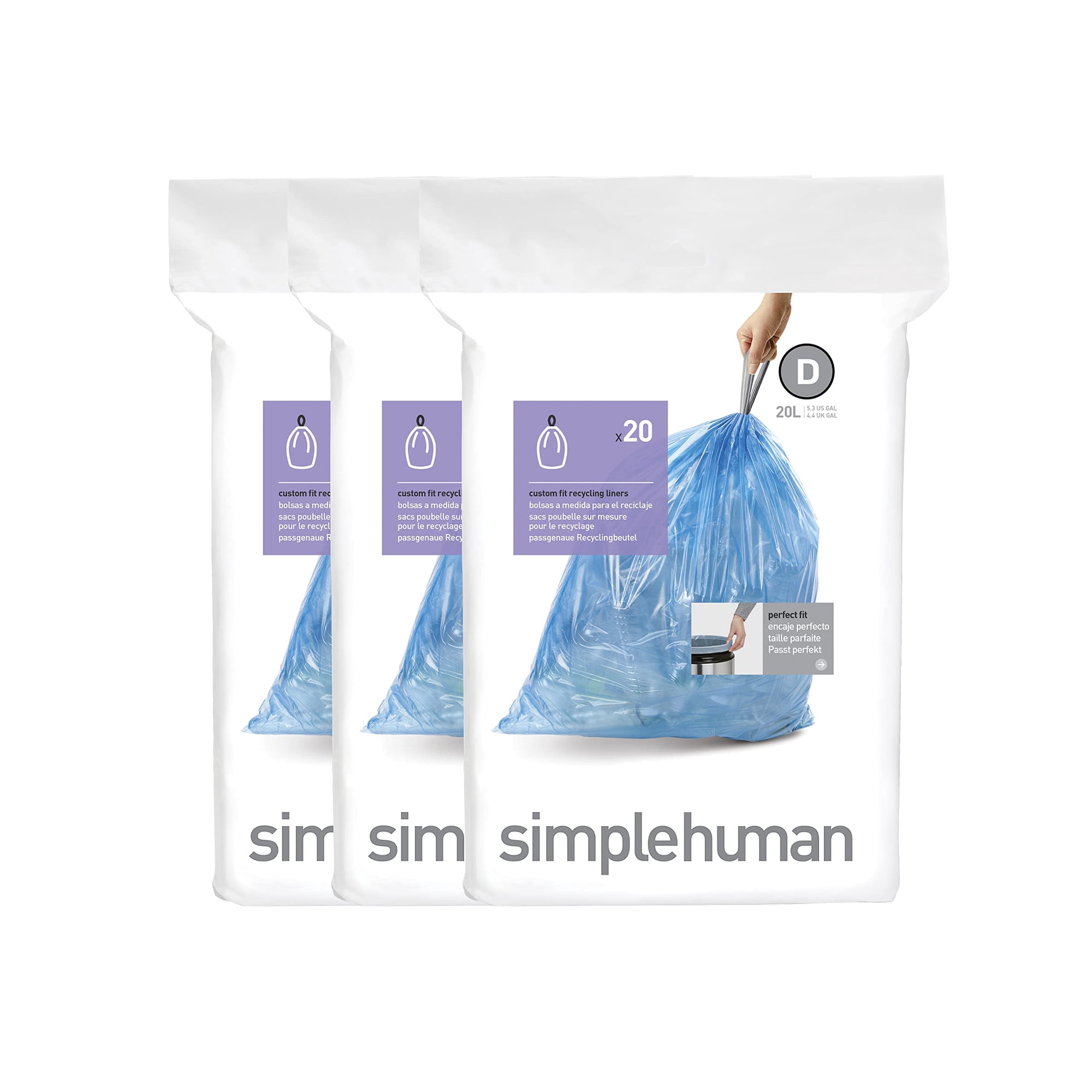 Bolsas De Basura Simplehuman Code D, 20 Litros, 5.3 Galones, 60 Unidades, Azules