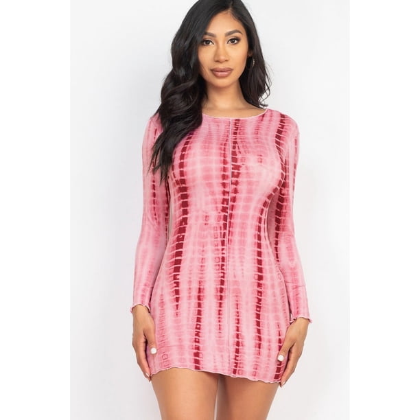 Saronite Vestido Corto Ajustado de Manga Larga con Estampado Tie-dye, con Ribete en Forma de Lechuga, Color Burdeos (para Mujer)
