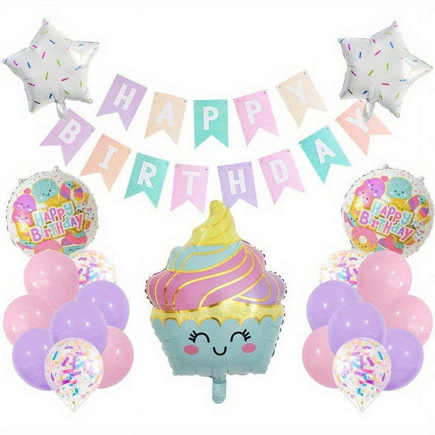 Set, Cartoon Ice Cream Aluminum Film Balloon Flag Pulling Set Cake, Birthday Decoration, Party Decoration Supplies, Aluminum Film Balloon, Birthday Photo Prop, Birthday Party Anniversary Party Scene D