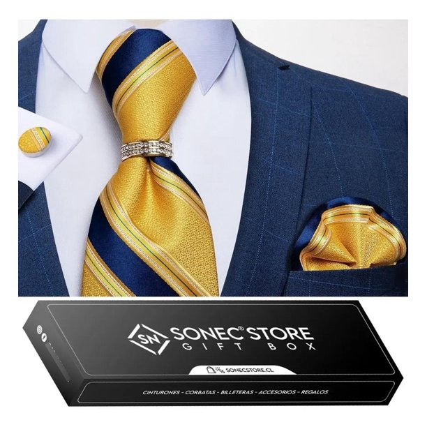 Corbata Hombre Seda En Caja + Anillo Dorado, Paño Y Colleras amarillo Talla Única