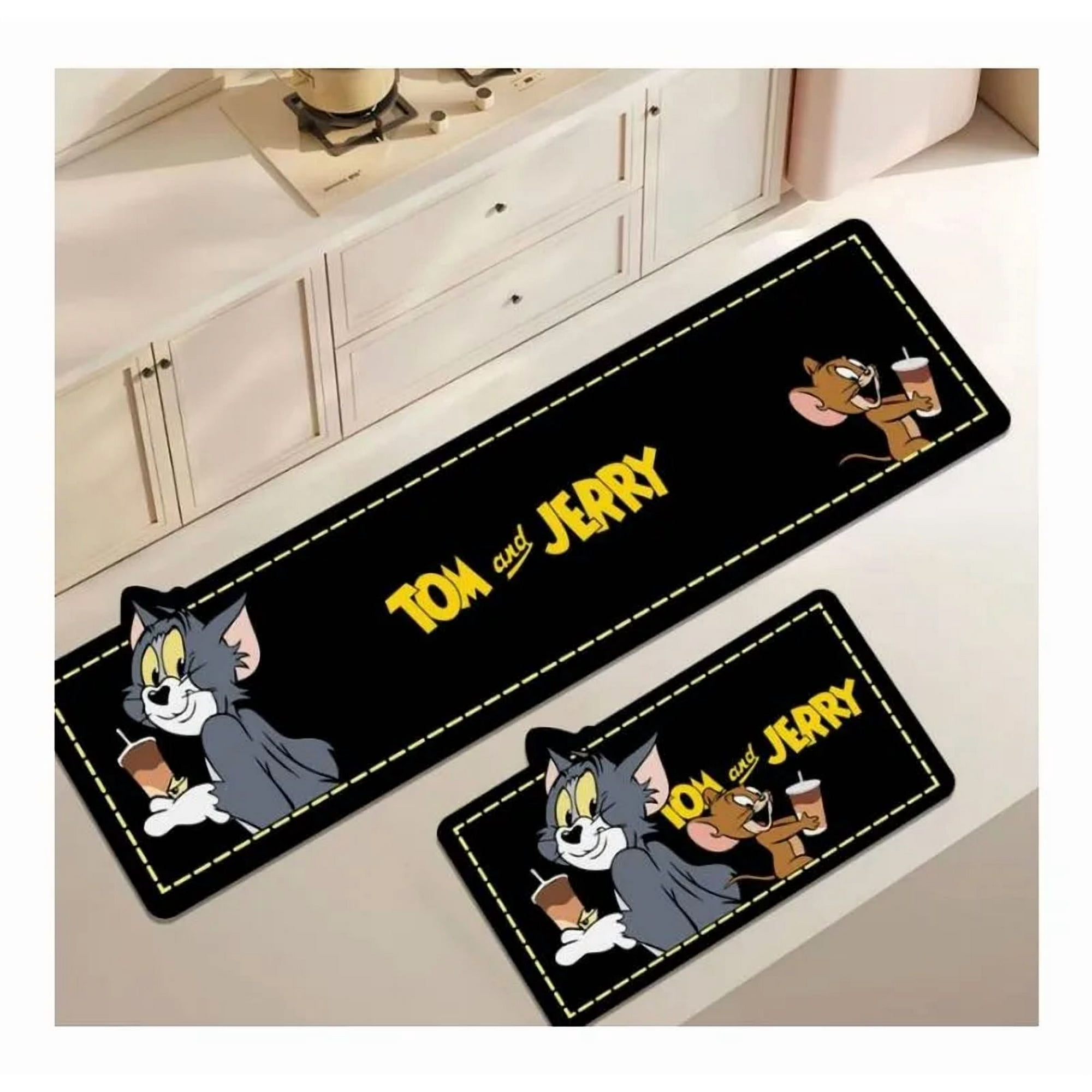 Casadeliacl - Alfombra De Cocina Antideslizantes Y Lavables Negro Con Amarillo Gato Con Un Raton