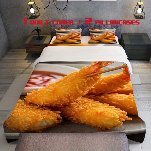 3pcs Chopstick Sticking Golden Fried Shrimp with Dipping Sauce Theme Pattern Bedding Set Comforter And Pillowcase