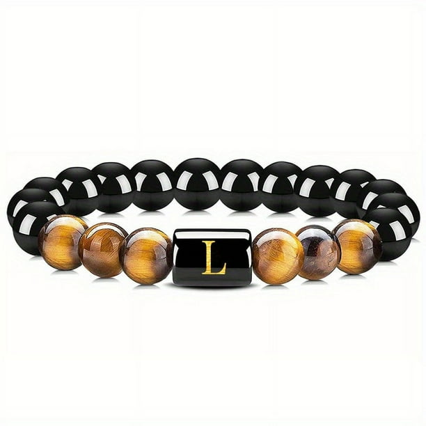 Natural Tiger Eye Stone 26 Letters Obsidian Elastic Rope Bracelet For Men