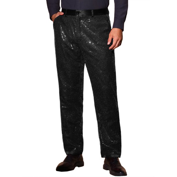 INSPIRE CHIC Pantalones de Hombre de Halloween Estilo de Fiesta de Vestido de Lentejuelas Metálicas Ajuste Regular Pantalones 36 Negro