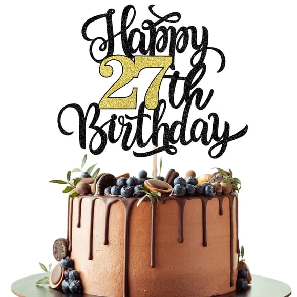 Decoración para tartas Leetaivie con purpurina para cumpleaños número 27, color negro y dorado