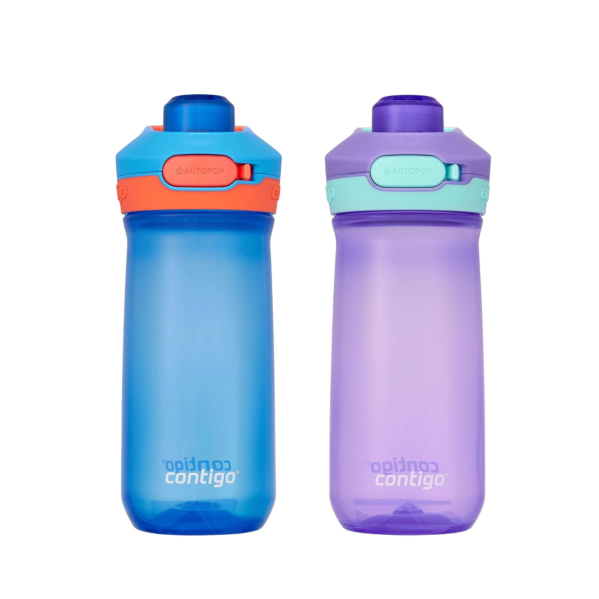 Botella De Agua Contigo Jessie Kids, 400 Ml, Paquete De 2 Unidades, Azul/coral Y Amatista/jade
