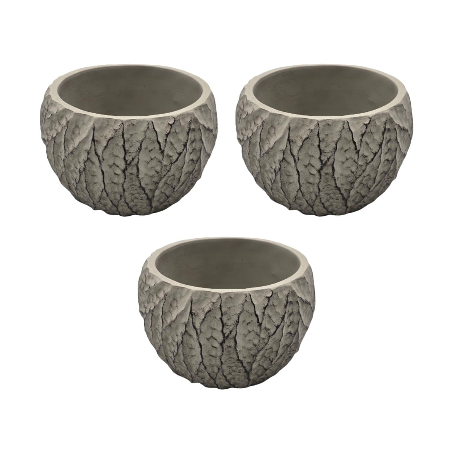 Fliperex - Set 3 Macetero Maceta Acabado Cemento Relieve Hojas Gris S