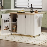 M&Ms - K&K 51"" Fluted Kitchen Island With Drop Leaf, Farmhouse Accent Kitchen Island On Wheels With Internal Storage Rack, Rolling Kitchen Cart With Towel Rack For Kitchen, Dining Room, White Ash