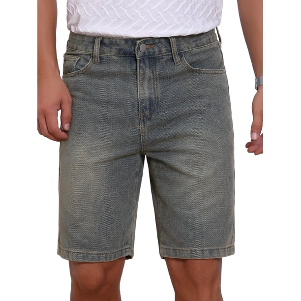 INSPIRE CHIC Pantalones Cortos de Mezclilla Texturizados para Hombre de Regreso a Clases por Encima de la Rodilla con Cremallera Casual Jean Corto 36 Azul Retro