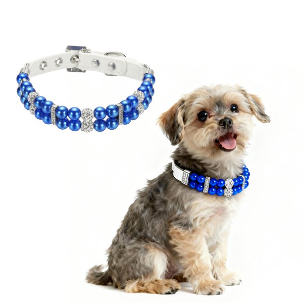Collar de Perlas para Perro Uxcell, Collar de Perlas para Gato con Cristales de Lujo, Collar de Mascota con Diamantes para Bodas, (Azul, L), Para Tazas de Té / Cachorros / Gatitos / Mascotas Pequeñas