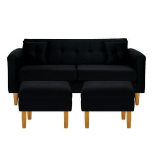 Bodevir - Sofa New Retro 3C + 2 Pouf Felpa 04 Negro