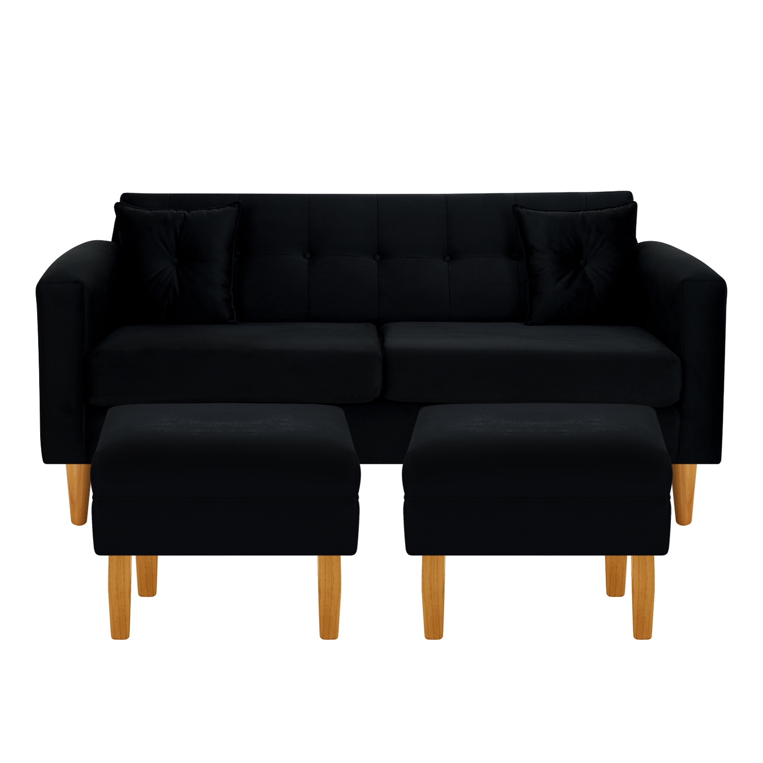 Bodevir - Sofa New Retro 3C + 2 Pouf Felpa 04 Negro