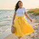 thumbnail image 2 of Falda de mujer talla grande Agnes Orinda con nudo, cintura alta, vuelo, línea A, midi con bolsillos 2X amarillo, 2 of 8