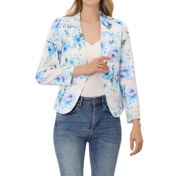 INSPIRE CHIC Blazer Abierto de Mujer para Regreso a Clases, Chaqueta de Traje Recortada para el Verano, Blanco Azul Claro-Floral XS