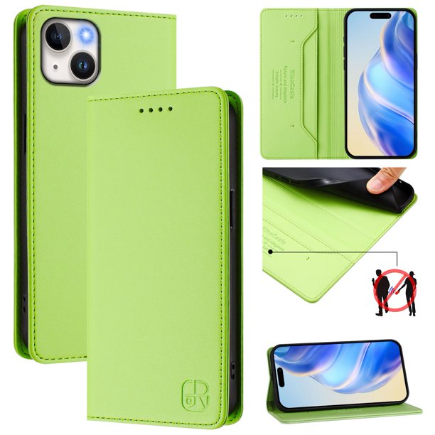 Funda Billetera con Soporte para iPhone 15 Plus Bloqueo RFID Plegable Verde claro