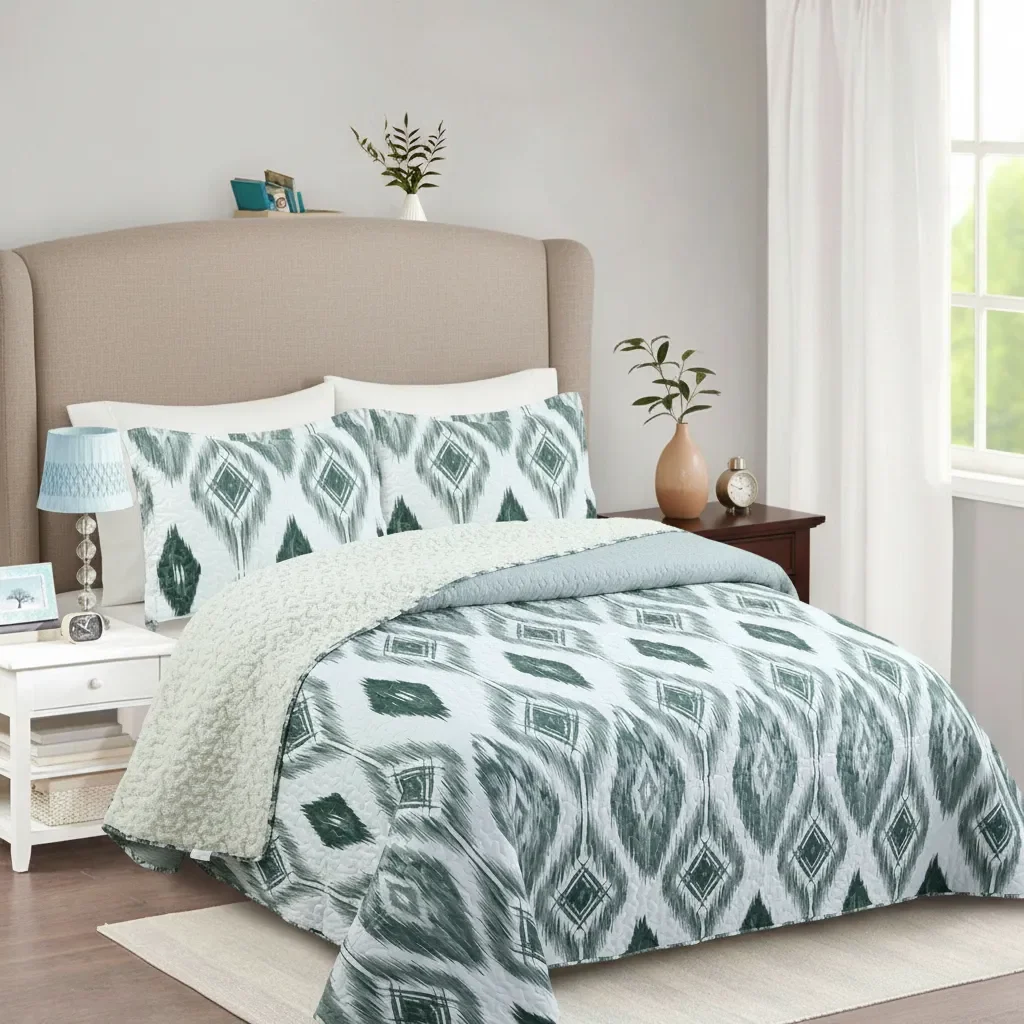 Casadeliacl - Cubrecama Quilt Sherpa 1.5 - Varios Modelos W.m G Verdes Tonos Verdes Y Blancos Con Figuras Geométricas