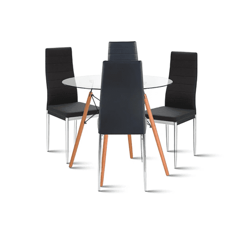 Klik Muebles - Comedor Mesa Eames 80Cm Redonda Vidrio + 4 Sillas Dining Liana Acolchadas - Negras