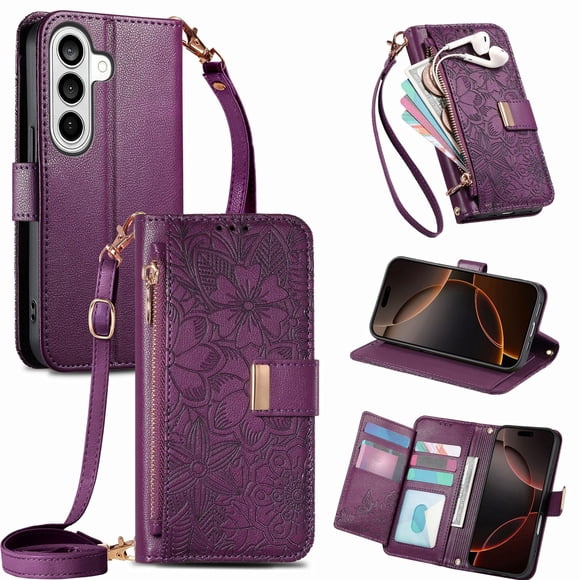 Funda tipo cartera de piel sintética FOXDOCK para Samsung Galaxy S26 Pro – Resistente a golpes y a las interferencias RFID – Correa de mano larga Púrpura