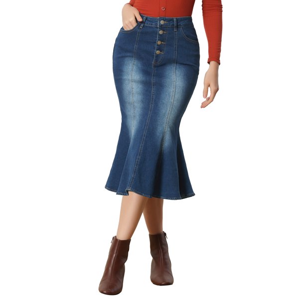 INSPIRE CHIC Falda de Cola de Sirena para Mujer Vuelta al Colegio para Mujer Maxi Falda de Mezclilla Desgastada Azul L