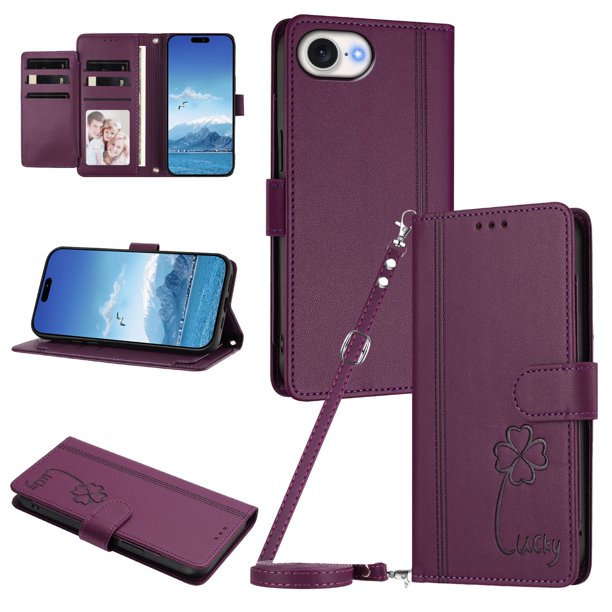 Funda Cartera Trébol para iPhone 17e/iPhone 16e con Ranuras Tarjetas y Carga Inalámbrica Violeta