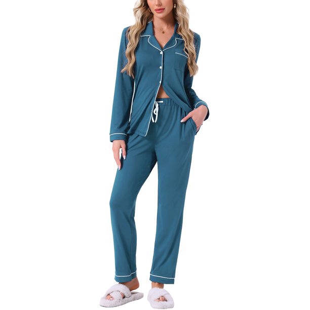 INSPIRE CHIC Conjunto de Pijamas para Mujer de Manga Larga con Botones, Cuello con Muesca, Ropa de Estar y Pantalones con Cordón y Bolsillos, Talla Mediana Azul Pavo Real