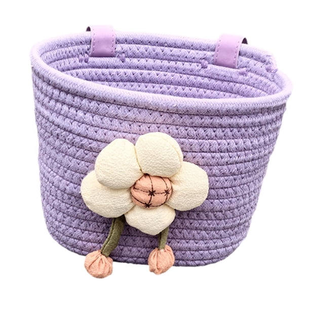 Cesta delantera para bicicleta de cuerda suave tejida para niños con juguete floral, apta para manillares de 2 a 5 cm para niñas, fácil y ligera de mo Púrpura
