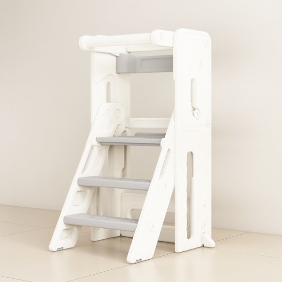 Kidscool Torre de Aprendizaje Infantil con Peldaños Antideslizantes Plástico Crema Gris 84x44.5x49 cm