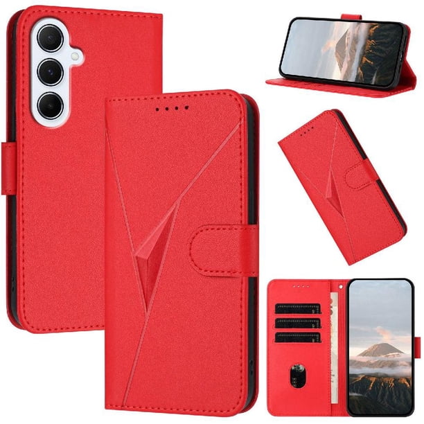 Funda Cartera Fibra de Carbono para Samsung Galaxy A56 con Soporte y Cierre Magnético Rojo