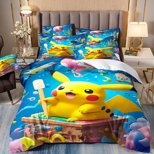 Pokemon Pikachu Bedding Set,Cartoon Anime Quilt Cover for Kids boys Girls gift,Bedding Cover and Pillowcase 75*50cm Bed Sheets