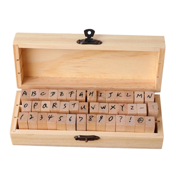 Alfabeto de madera Letras Sellos Símbolo Juego de sellos Álbum diario Sello de goma Artesanía de estilo vintage con caja de madera Sello de bricolaje Cursivo
