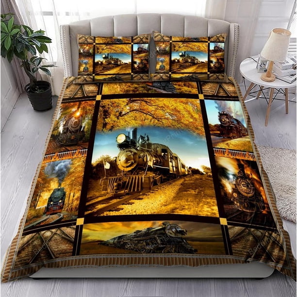 Steam Train Quilt Duvet Cover Set Queen Double Home Textiles3-Piece Bedding Set