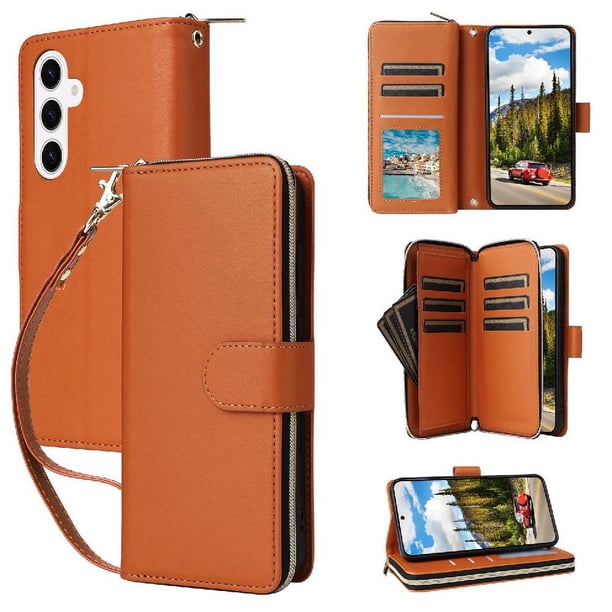 Funda Cartera con Cremallera y Correa para Samsung Galaxy S26 Plus 5G Soporte y Tarjetero Marrón