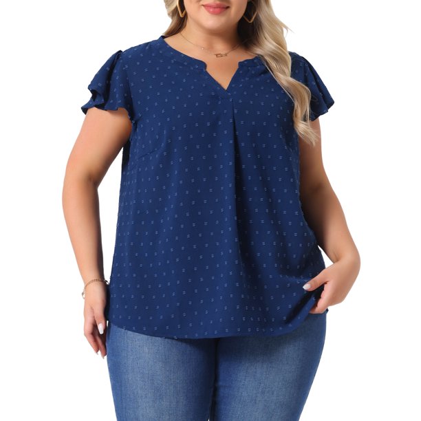 Agnes Orinda Blusas de Talla Grande para Mujer de Escuela o Universidad con Lunares Suizos, Cuello Entallado, Mangas con Volantes, Básicas y Lindas 4X Azul Oscuro