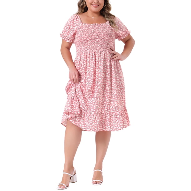 GRACIA Y GRANDEZA Vestido Midi Floral para Mujer Tallas Grandes Cuello Cuadrado Cuerpo Fruncido con Volantes Vestidos Línea A 3X Rosa Blanco