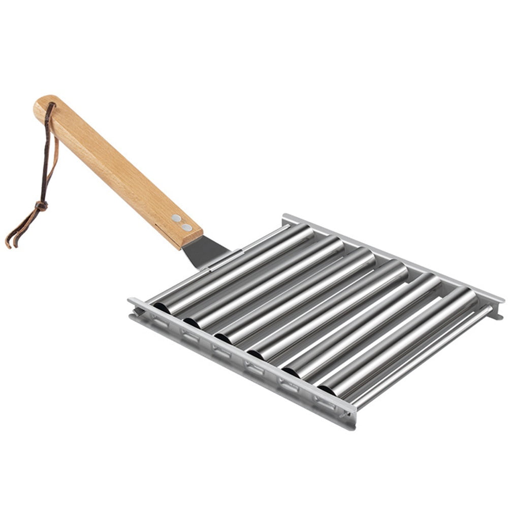 Xusx111 - Rodillo De Perros Calientes, Rodillo De Salchicha Para Parrilla, Parrilla De Perros Calientes De Barbacoa De Acero Inoxidable Con Mango De Madera Extra Largo, Perros Calientes Cocinados Unif