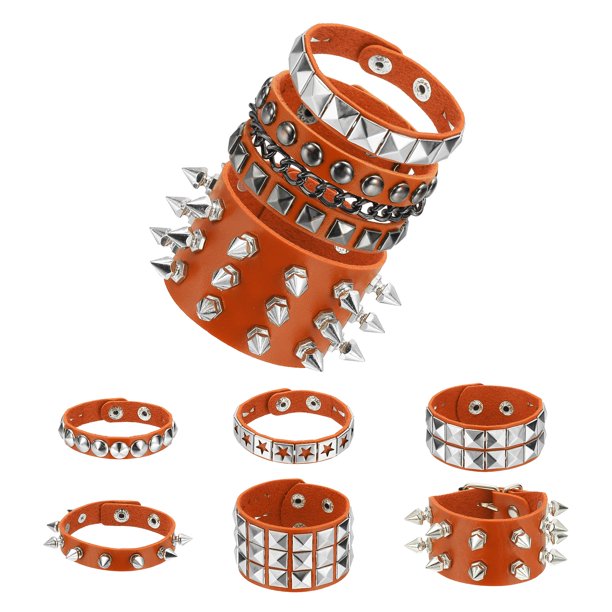 Uxcell 9Pcs Conjunto de Pulseras de Cuero con Tachuelas Rock Punk, 8.7"/22cm Muñequera Ajustable con Picos Góticos para Fiestas de Halloween Accesorios Emo Grunge, Naranja