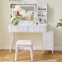 M&Ms - Modern Makeup Vanity Desk With Led Lights & Mirror, 4 Drawer Dressing Table Set With Stool, 3 Colors Dimmable Brightness, Space-Saving For Bedroom, White