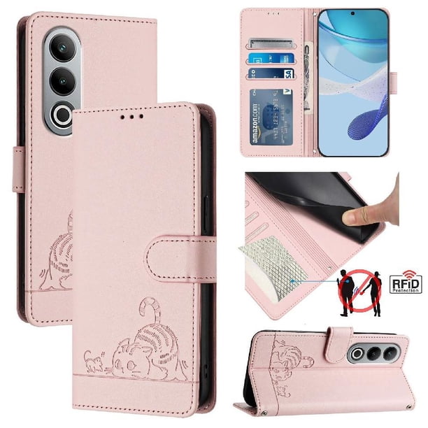 Funda tipo cartera FOXDOCK para Oneplus NORD CE 4 5G con soporte, ranuras, RFID, diseño de gato