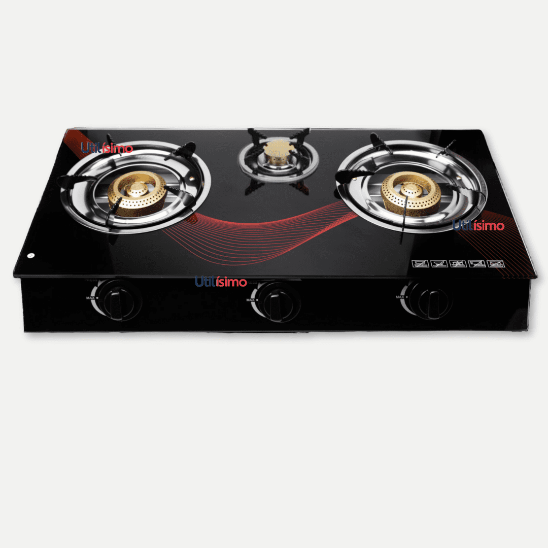Line - Cocina Encimera A Gas Licuado Vidrio 3 Platos Cocinilla Negro
