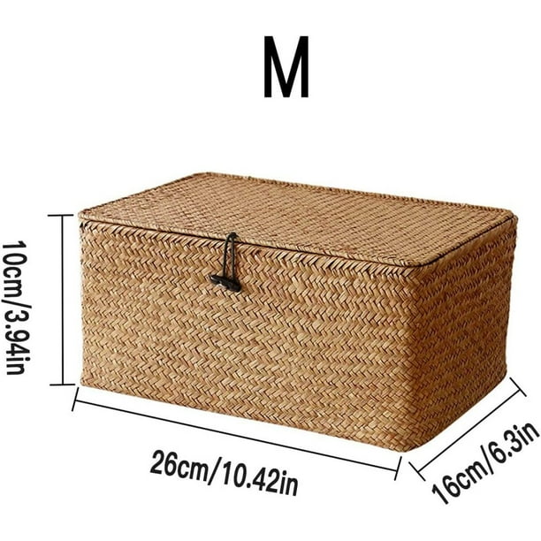 Caja de almacenamiento de mimbre tejido con tapa - Juego de piezas - Cesta rectangular de algas marinas y cesta de almacenamiento con tapa - Estante organizador de ratán