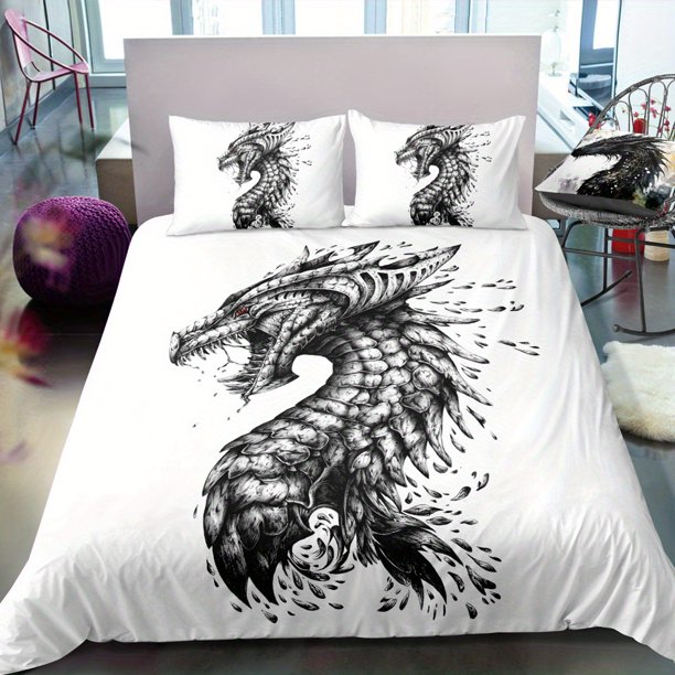 Three-Piec-e Set Beddi-ng Set Myst-erious Dra-gon Beddi-ng Suit with Pringting -Soft and Com-fortab-le Q-uilt- Cover -Suitable- for Bedroom and Gue-st Room