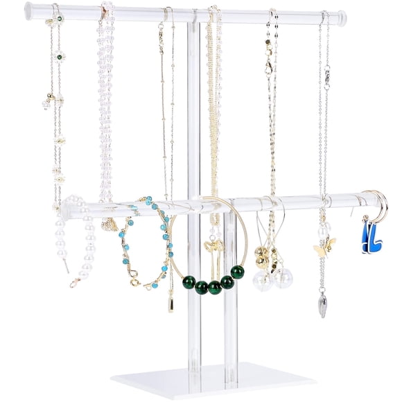 Soporte para joyas y collares, acrílico transparente, con forma de torre de 2 niveles