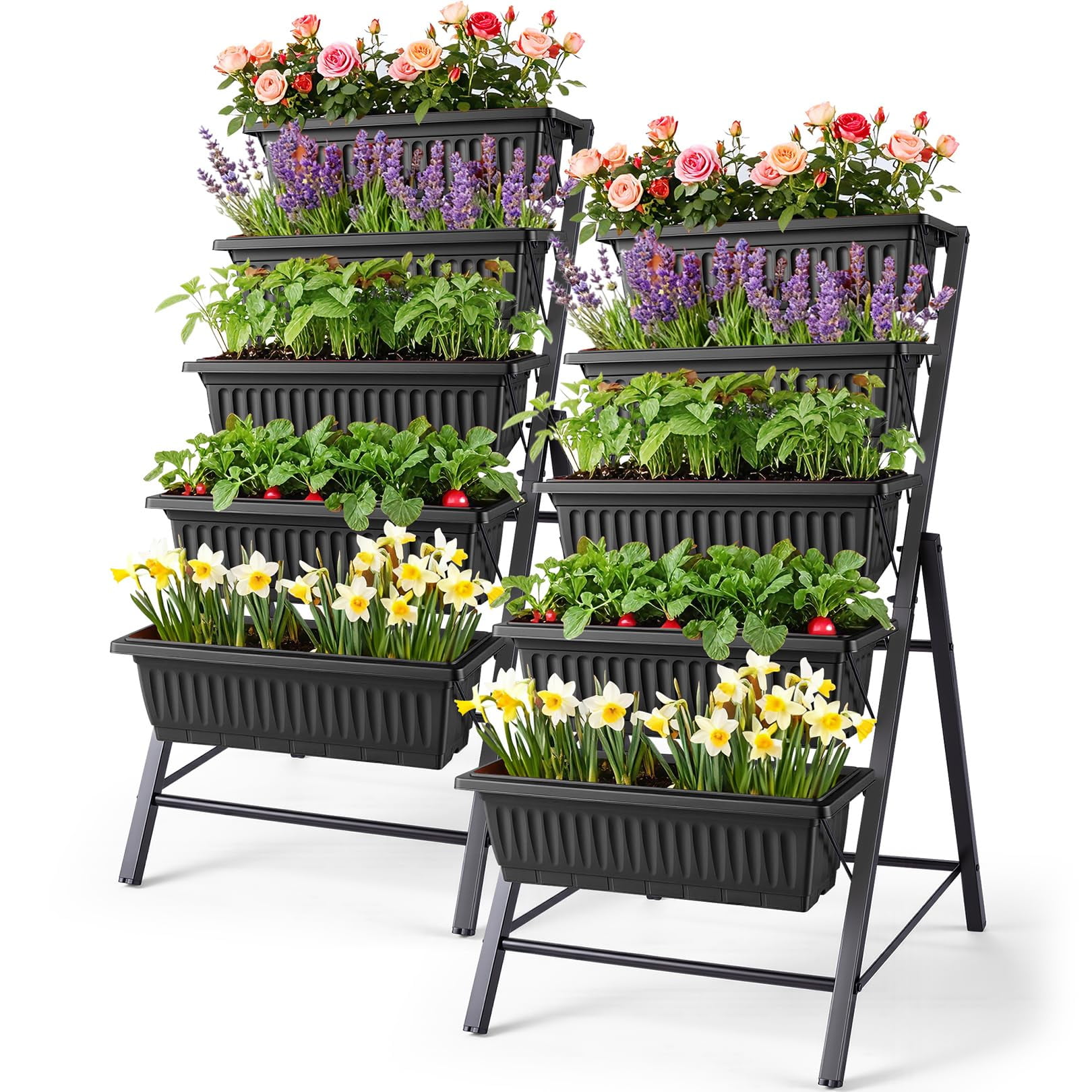 Cama De Jardín Vertical Homdox, Paquete De 2 Unidades, 5 Niveles Con 4 Ganchos, Negra