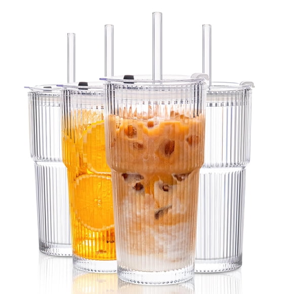 Vasos de vidrio KEMORELA de 600 ml con tapas y pajitas, paquete de 4