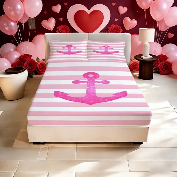 Pink Glitter Anchor Print Fitted Sheet and Pillowcase Set Bedding Set | 1 Fitted Sheet + 2 Pillowcases (No Pillow Inserts) | Twin/Full/Queen/King | Soft and Ski